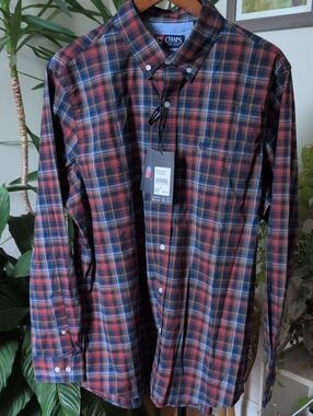NWT Chaps Men's Navy, Orange & Red Plaid Button-Down Lightweight Shirt